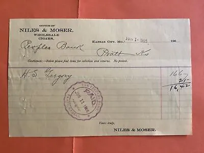 U.S. Niles & Moser Wholesale Cigar 1905 Receipt R39913 • $9.63