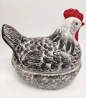 Chicken Hen Egg Storage Holder Ceramic Black/White 11  L Farmhouse Cottagecore • £12.50