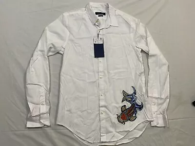 M167 ZARA MAN Embroidered Fish Short Sleeve Button Front Tan Plaid Shirt MEN'S M • $16.89