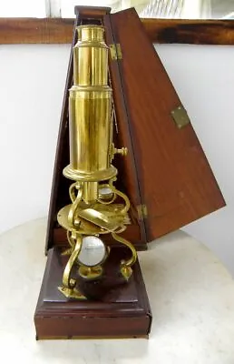 CULPEPER DOLLOND MICROSCOPE Tripod Mahogany Cabinet Brass Plinth 33 Bone Slides  • $2500