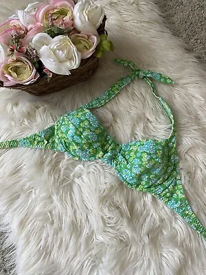 Vintage Cotton Bikini Top 50 60s Floral Green Made In USA Size S Hawaiian Hippie • $36