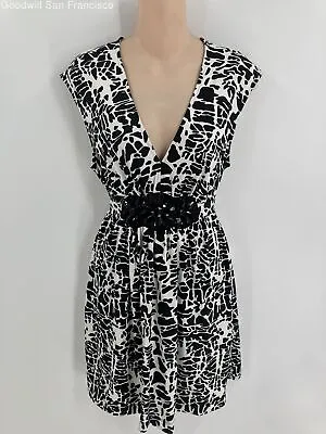 ECI Womens Black White Abstract Sleeveless V-Neck Fit And Flare Dress Size Large • $14.99