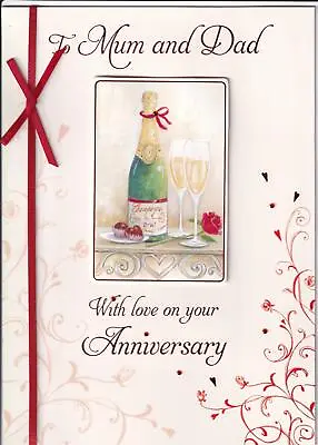 Anniversary Card To Mum And Dad - With Love - Champagne - Hand Finished - Ribbon • £2.99