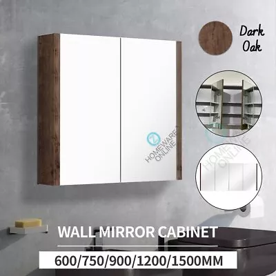 Bathroom Dark Oak Wall Mirror Shaving Cabinet Vanity MDF Storage Shelf W/ Doors • $691