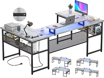 U Shaped Desk With LED Lights Gaming Desk With Power Outlet And Storage Shelves • $197.79