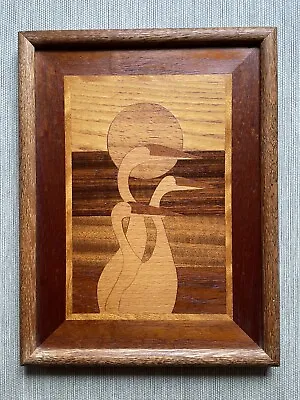 VINTAGE Marquetry Wood Inlay Picture Wall Hanging Framed Moon Birds Loons • $24