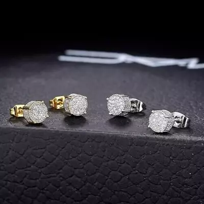 2 Pairs Micro Pave 14K Gold Plated Shiny Cubic Zirconia Men Women Stud Earrings • $13.85