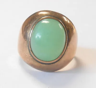 Vintage 13x10 Green Jade Cabochon 10K Yellow Gold Mens Wide Ring Size 8.25 • $449