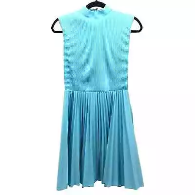 VTG 60s Mini Dress Womens M Blue Pleated Mock Neck MOD MCM Gogo Sleeveless Zip • $33.25