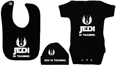 Jedi In Training Babygrow Romper Bodysuit Feeding Bib & Hat Cap 0-12m Star Wars • £16.99