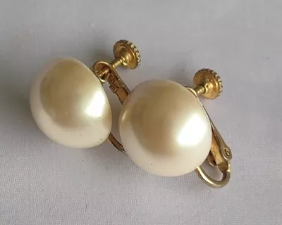 Vintage MARVELLA Faux Pearl Clip On Screw Back Earrings Gold Tone Metal Signed • $7.99