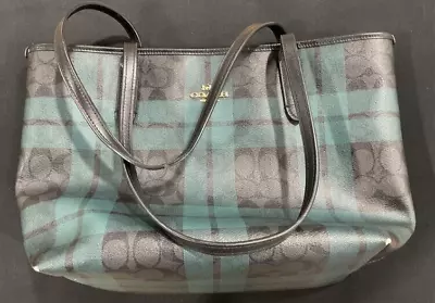 Coach Field Plaid Print Zip Top Tote In Signature Canvas Handbag Ocean Green • $46.99