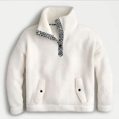 *NWOT* J. Crew Polartec Sherpa Leopard-Trim Snap-Collar Fleece Ivory White XS • $47