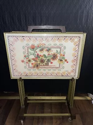 Vintage Set Of 4 LAVADA MCM Floral Faux Needlepoint TV Tray Tables Rolling Stand • $265