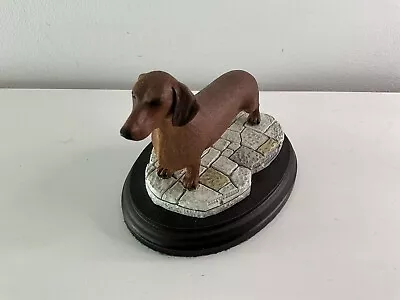 Vintage Resin Figure Of Dachshund Dog Figure On Wooden Plinth ‘Naturalcraft’ • £12.50