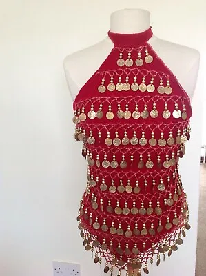 Belly Dance Red Velvet Halter-neck Top And Scarf Belt Gold Coins And Beads • £28