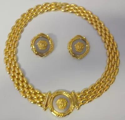 Vintage Unmarked Gold Tone Medallion Medusa Head Pierced Earrings Necklace Set • $375