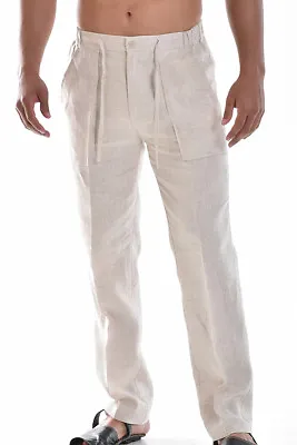 Bohio Mens 100% Linen Pants - Natural Flat-Front Drawstring Pant (S ~ 3XL)-MLP19 • $38.99