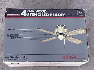 Vintage MONTGOMERY WARD Brass Ceiling Fan 42  New Old Stock Stenciled Blades • $399.99