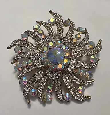 Vintage Massive Pave Crystal Aurora Borealis Brooch Layered Gold Tone • $59.99