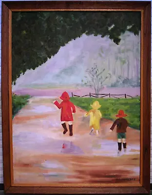 Vintage Naive Painting Children In Raincoats Signed N. Lawrence • $60