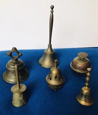 Vintage India 6 Brass Bell Collection 3” - 7” Tall Nice Variety Plus Bonus Bell • $11.50