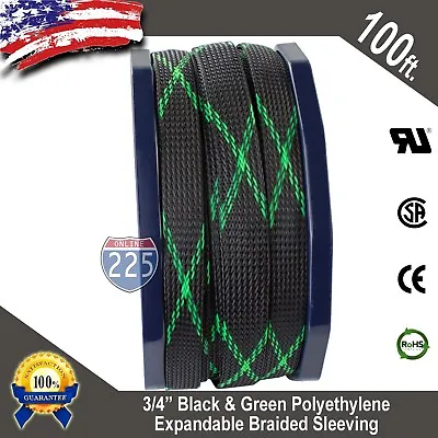 100 FT 3/4  Black Green Expandable Wire Sleeving Sheathing Braided Loom Tubing • $24