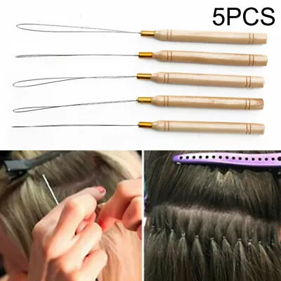 5X Micro Nano Rings Beads Loop Hook Threader Wooden Handle Hair Extension Tools • £5.69