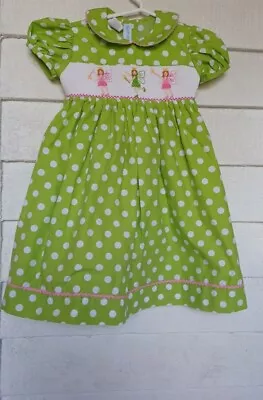 Easter Vive La Fete Girl’s 2 SMOCKED Bishop Dress Green Polka Dot Tinkerbell • $19.10