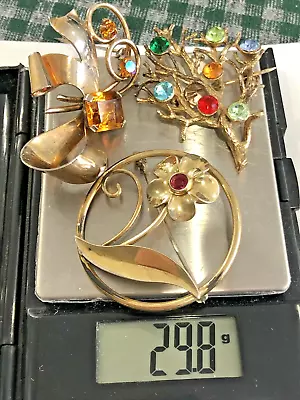 Vintage 3 Flower Solid Sterling Silver Brooch Lot  Glass Rhinestone Gold Plated • $19.99