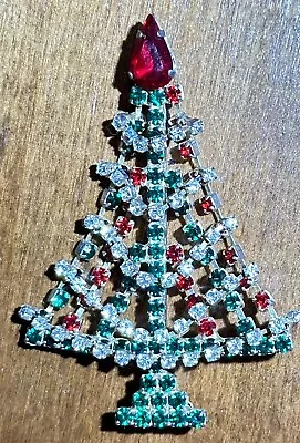 Vintage Red Green & Clear Rhinestone Christmas Tree Holiday Brooch Pin 2.75” • $25.99
