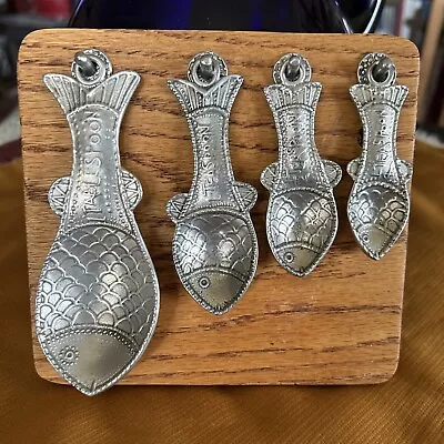 Tin Woodsman Crosby & Taylor Pewter Fish Measuring Spoons Set & Wall Display USA • $34.99