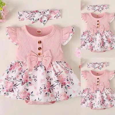 Newborn Baby Girls Bow Romper Dress Outfits Floral Summer Jumpsuit Headband Set • £8.49