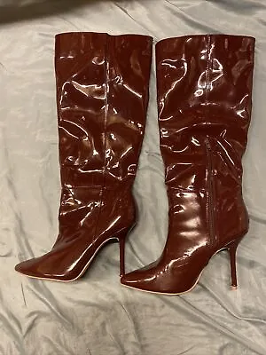 £8.50 • Buy Misguided Burgundy Red Patent Leather Look Knee High Boots U.K. 8