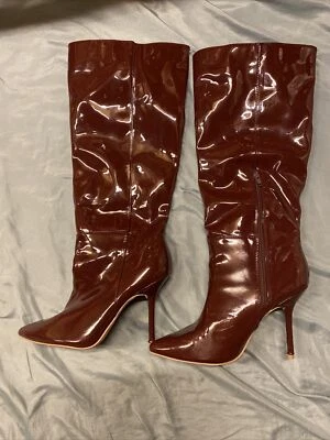 £8.50 • Buy Misguided Burgundy Red Patent Leather Look Knee High Boots U.K. 8