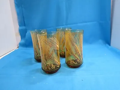 MID CENTURY MODERN LIBBEY GOLDEN WHEAT GLASSES TUMBLERS  16 Oz  6 5/8  SET 4 • $9.50