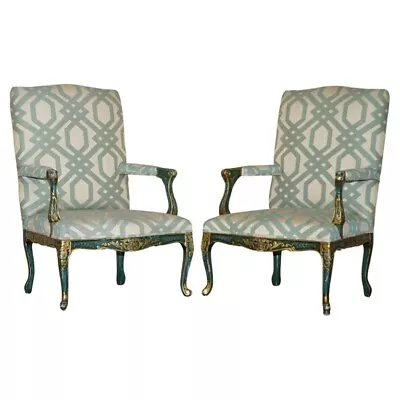 Pair Of Vintage Painted Green French Fratelli Armchairs Ornately Carved Frames • £3950
