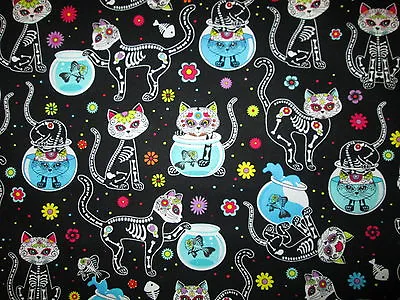 Cats Xray Skeleton Fish Black Vet Doctor Nurse Dentist Cotton Fabric Fq • $3.99