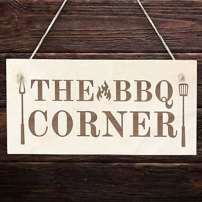 BBQ Corner BBQ Sign For Garden Hanging Wood Engraved Sign Gift For Men Shed • £3.99