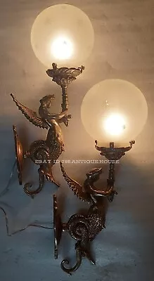 Pair Antique Vintage Old Art Deco Nouveau Brass Mermaid Wall Sconces Light Lamp • $1250