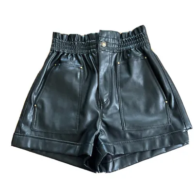 $45 • Buy Zara Women Hi Rise Faux Leather Black Cuffed Shorts Size 6 NWOT