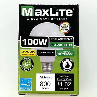 Maxlite 104846 8.5W LED Globe 3000K G25 Dimmable Bulb 100W Equivalent • $7.69