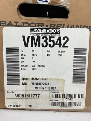 $499 • Buy Baldor Vm3542 Motor 3ph 0.75hp 208-230/460v 1725rpm