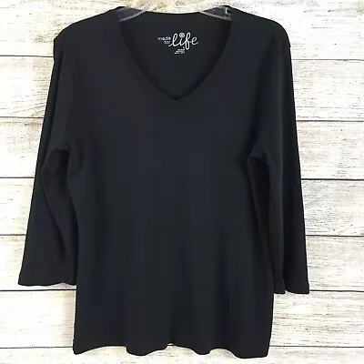 Made For Life Top V-Neck 3/4 Sleeve Cotton Black • $11.50