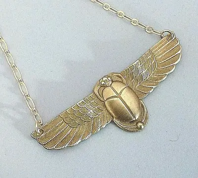 Egyptian Revival Necklace Brass Winged Scarab Pendant Vintage Jewelry • $25