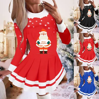 Women Lady Christmas Santa Claus Gingerbread Xmas Flared Swing Mini Dress A-Line • £3.99