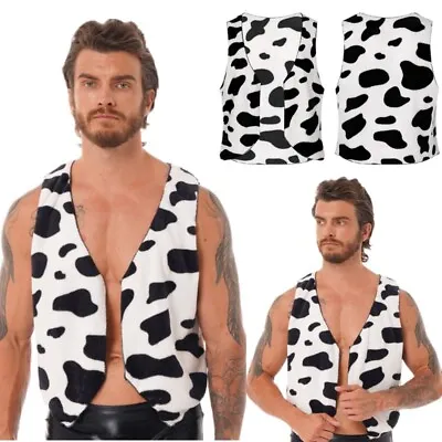 Sexy Men Cow Print Cowboy Open Front Waistcoat Halloween Cowboy Cosplay Top Coat • $8.75