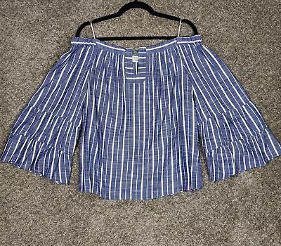 Alice & Trixie Womens Blue Chambray White Striped Blouse Off Shoulder Top Sz M • $14.87