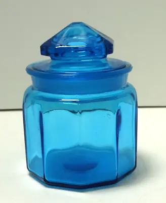 Vintage MCM LE Smith 10-Panel BLUE Glass Lidded Canister Apothecary Jar  ~5”H • $19.99