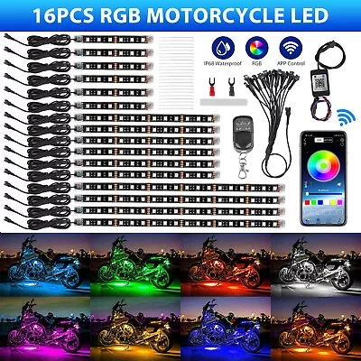 16PCS Motorcycle RGB LED Strip Light Under Glow Neon Kit Bluetooth APP Control • $38.98